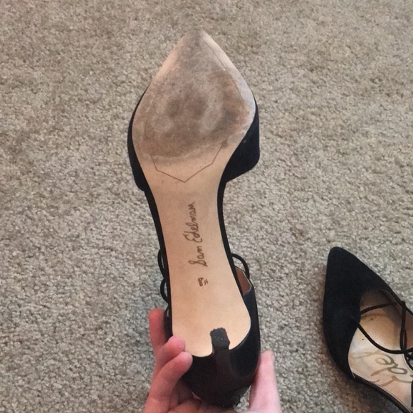 Sam Edelman crisscross tie up pointed toe zip back size 8 1/2 black heels - Picture 9 of 9